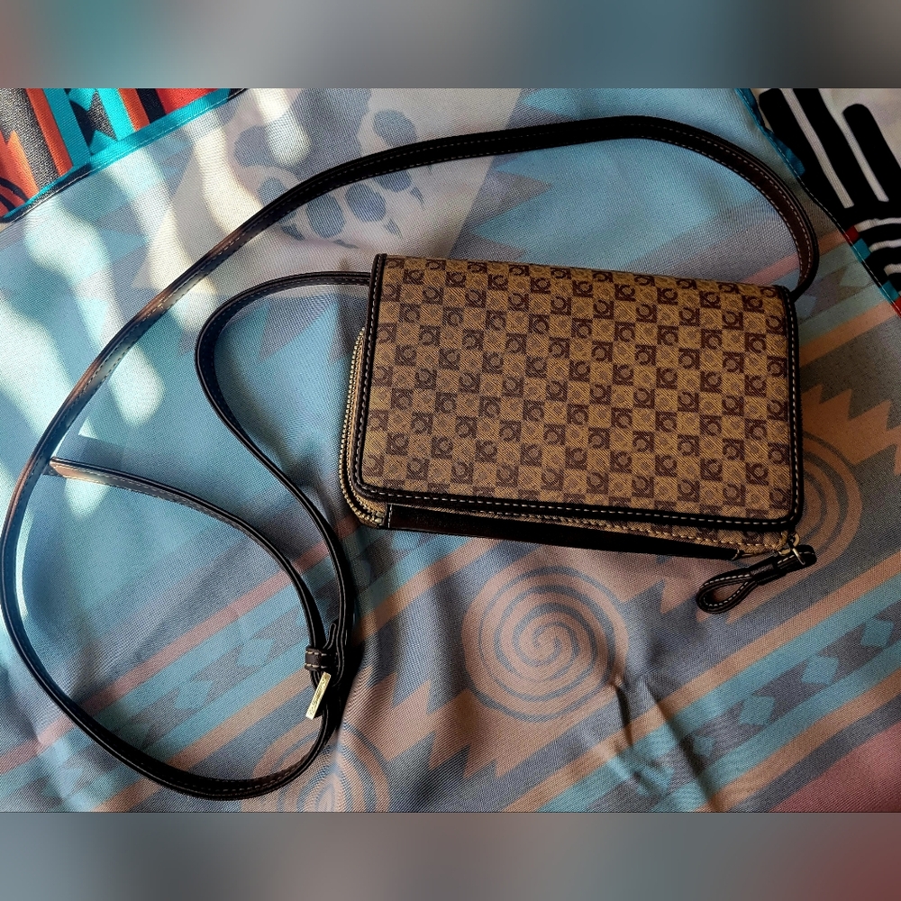 Liz Claiborne Tan and Black Patterned Crossbody Bag